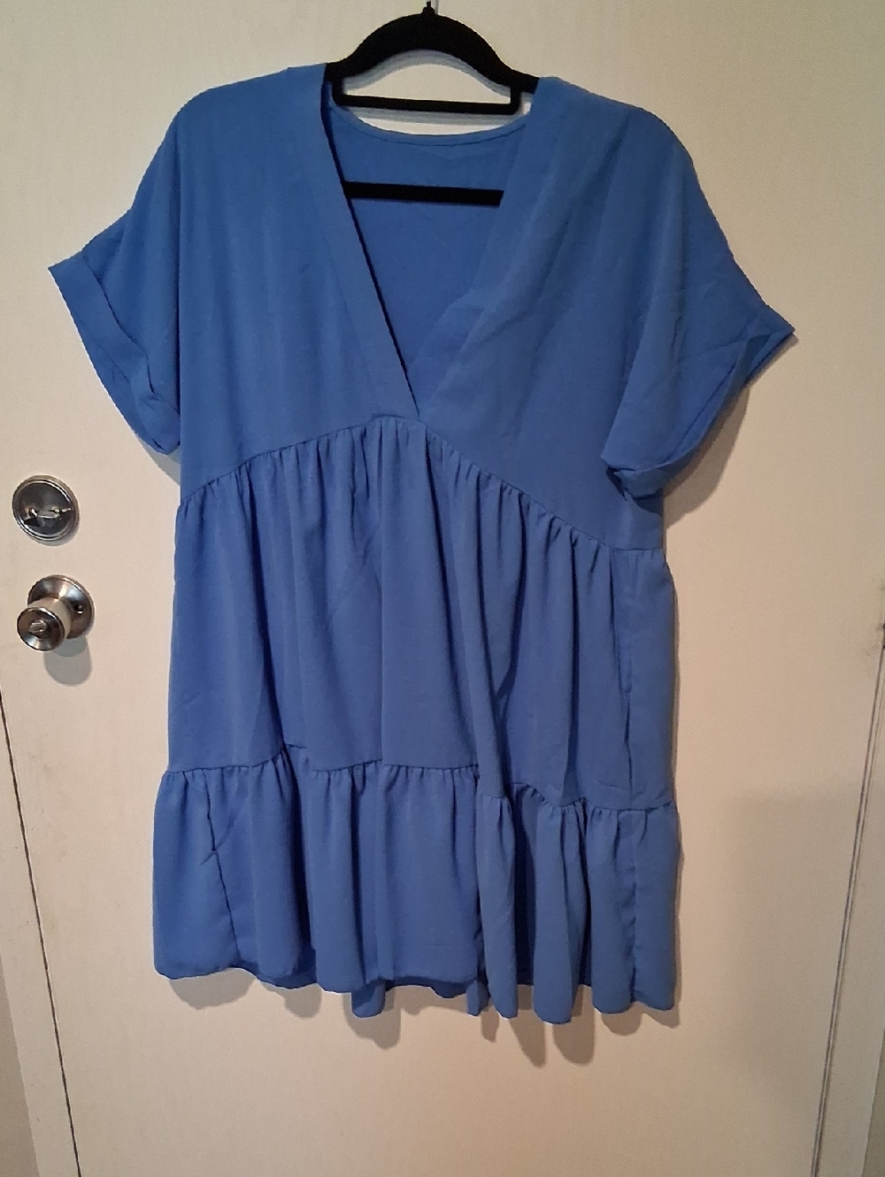 Blue V-Neck Tiered Maxi Dress with Short Sleeves